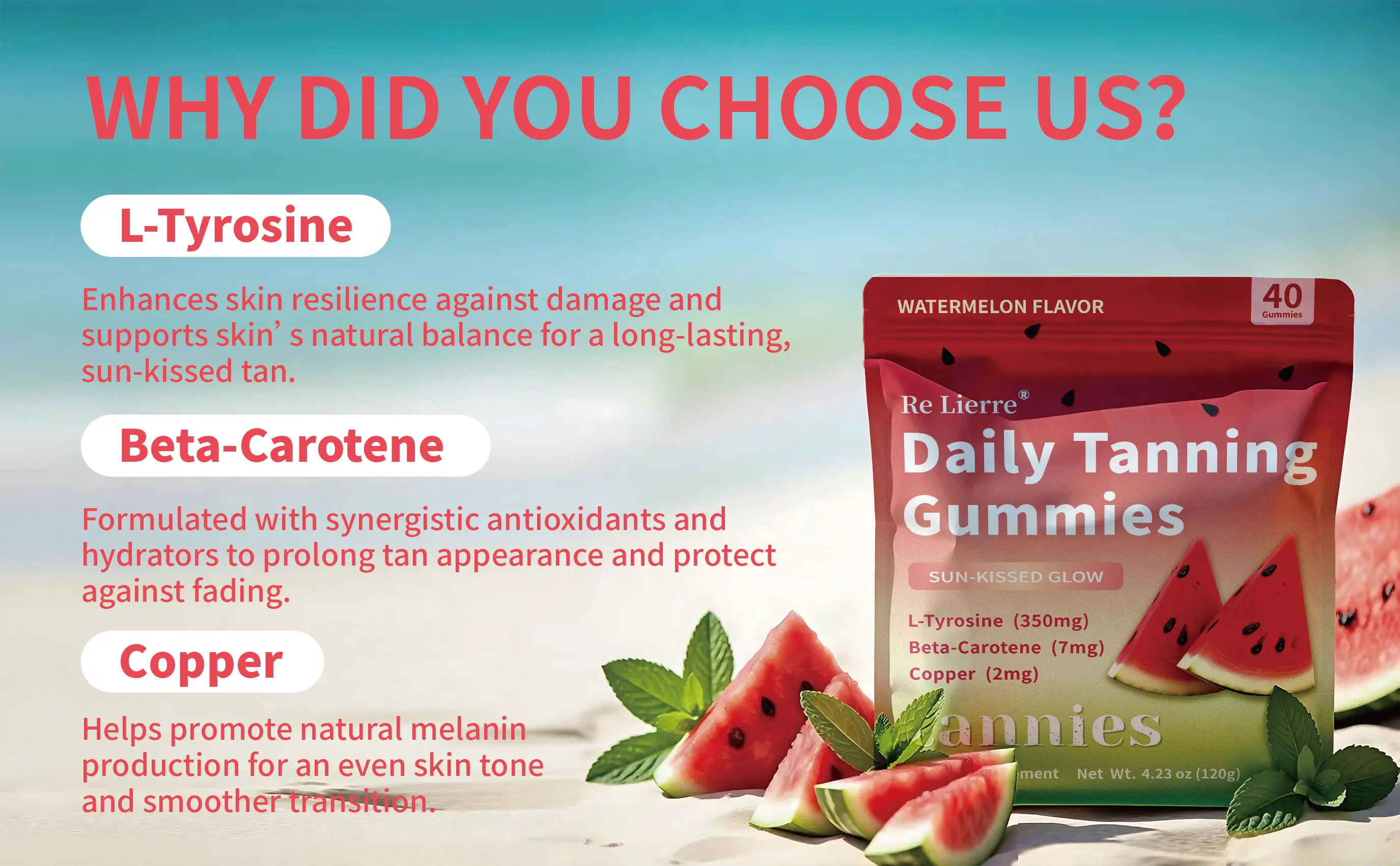 Daily Tanning Gummies | L-Tyrosine, Beta-Carotene & Copper